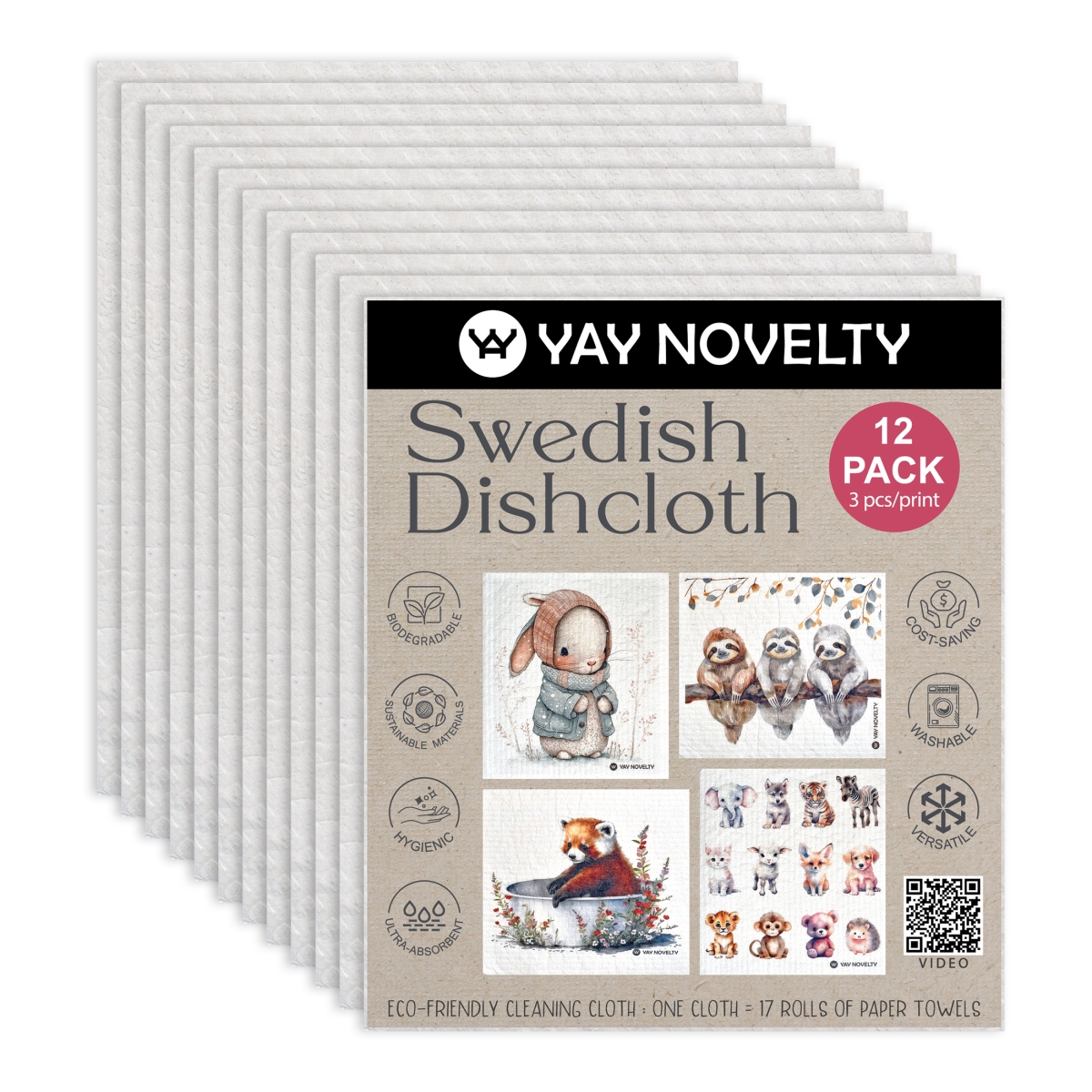 Picture of Yay Novelty 3709 Eco Friendly Swedish Dishcloth for Kitchen, Animals - Pack of 12