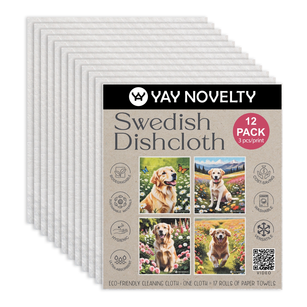 Picture of Yay Novelty 3713 Eco Friendly Swedish Dishcloth for Kitchen, Golden Retriever - Pack of 12