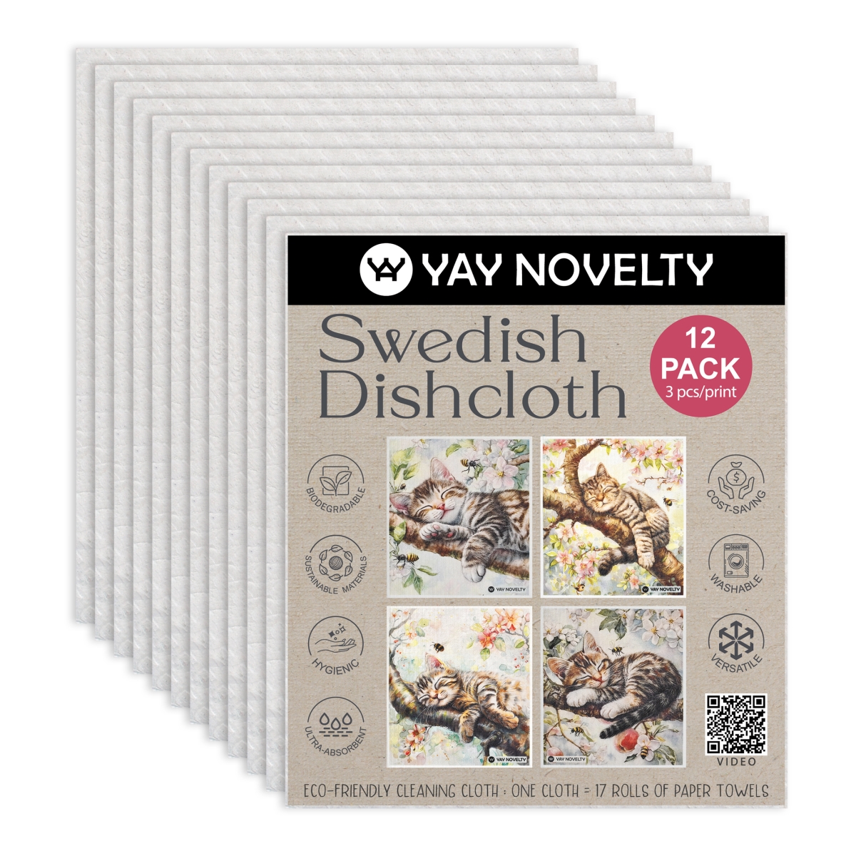 Picture of Yay Novelty 3715 Eco Friendly Swedish Dishcloth for Kitchen, Kitten - Pack of 12