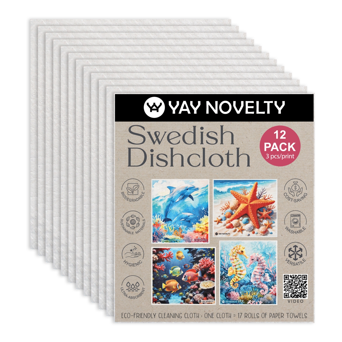 Picture of Yay Novelty 3718 Eco Friendly Swedish Dishcloth for Kitchen, Sea Creatures - Pack o12