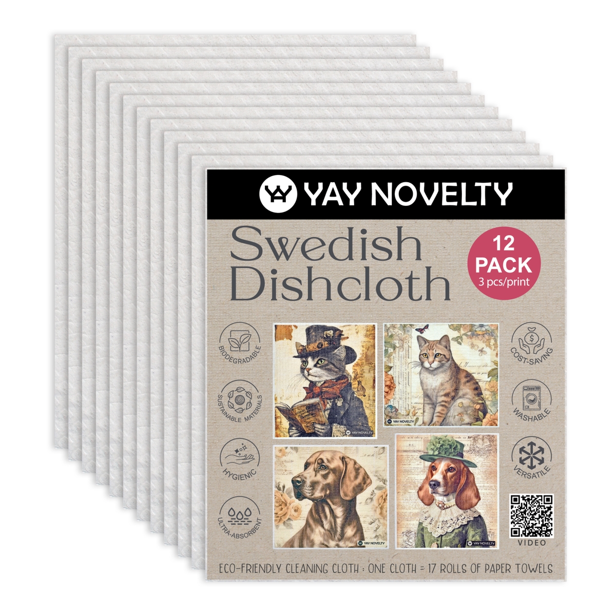 Picture of Yay Novelty 3719 Eco Friendly Swedish Dishcloth for Kitchen, Vintage Pets - Pack of 12
