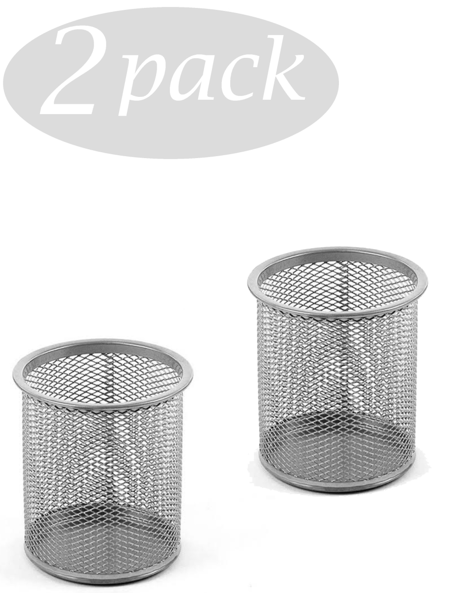 2210vc-2 Round Desk Steel Mesh Markers Pencil Pen Cup Holder For Home, School & Office, Silver - 5 X 3 X 3 In. - Pack Of 2