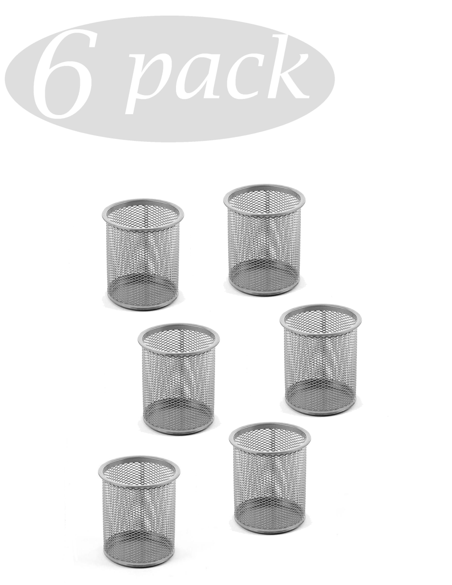 2210vc-6 Round Desk Steel Mesh Markers Pencil Pen Cup Holder For Home, School & Office, Silver - 5 X 3 X 3 In. - Pack Of 6