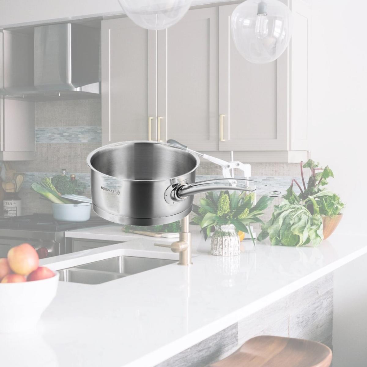 Picture of YBM Home a1156 9.4 in. Dia. x 3.9 in. Korkmaz Stainless Steel Stockpot with Lid & Handles, Silver
