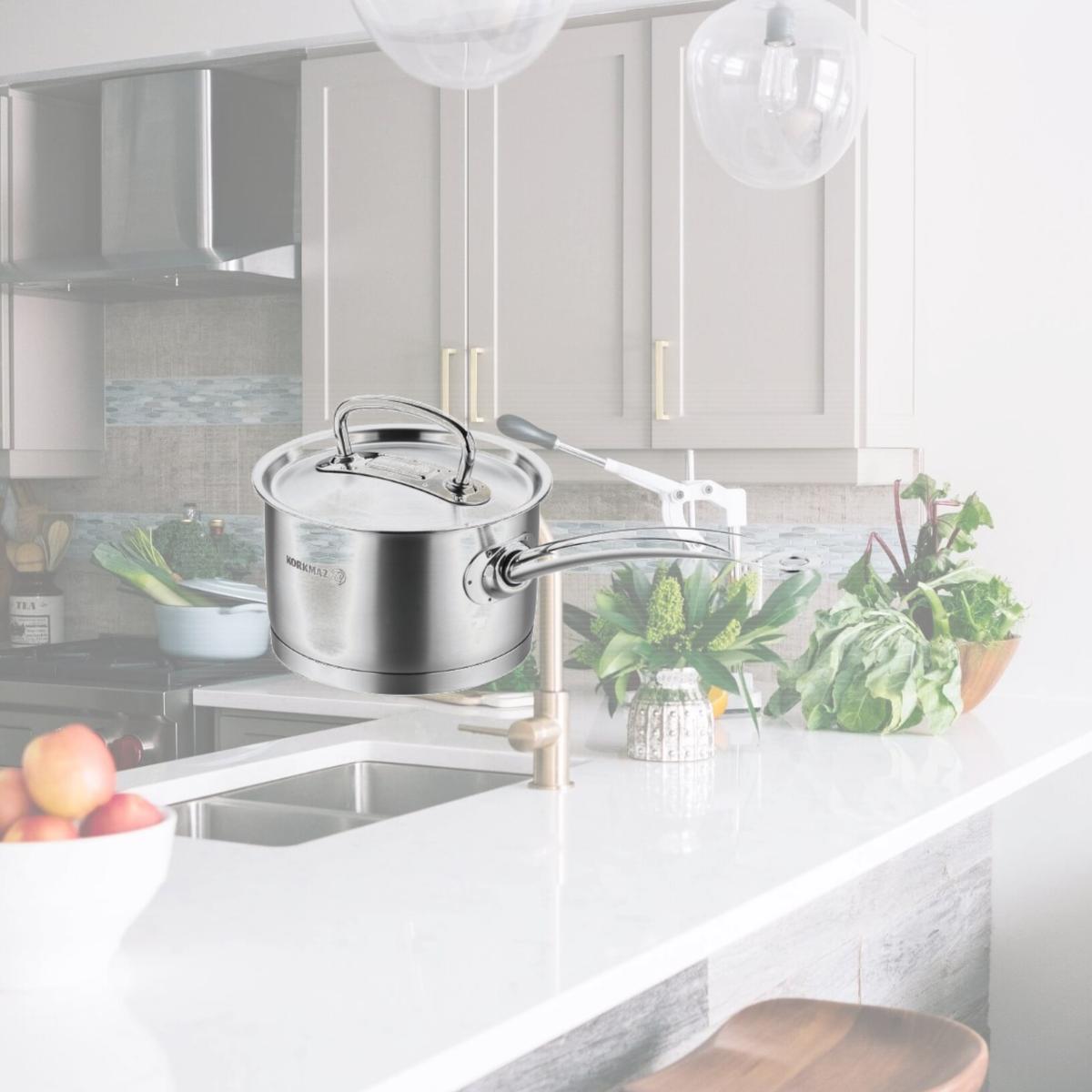 Picture of YBM Home a1157 9.4 in. Dia. x 3.9 in. Korkmaz Stainless Steel Stockpot with Lid & Handles, Silver