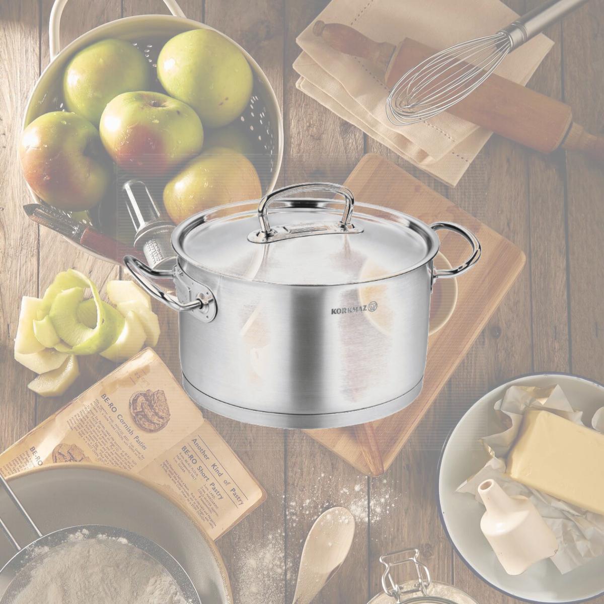 Picture of YBM Home a1162 9.4 in. Dia. x 3.9 in. Korkmaz Stainless Steel Stockpot with Lid & Handles, Silver