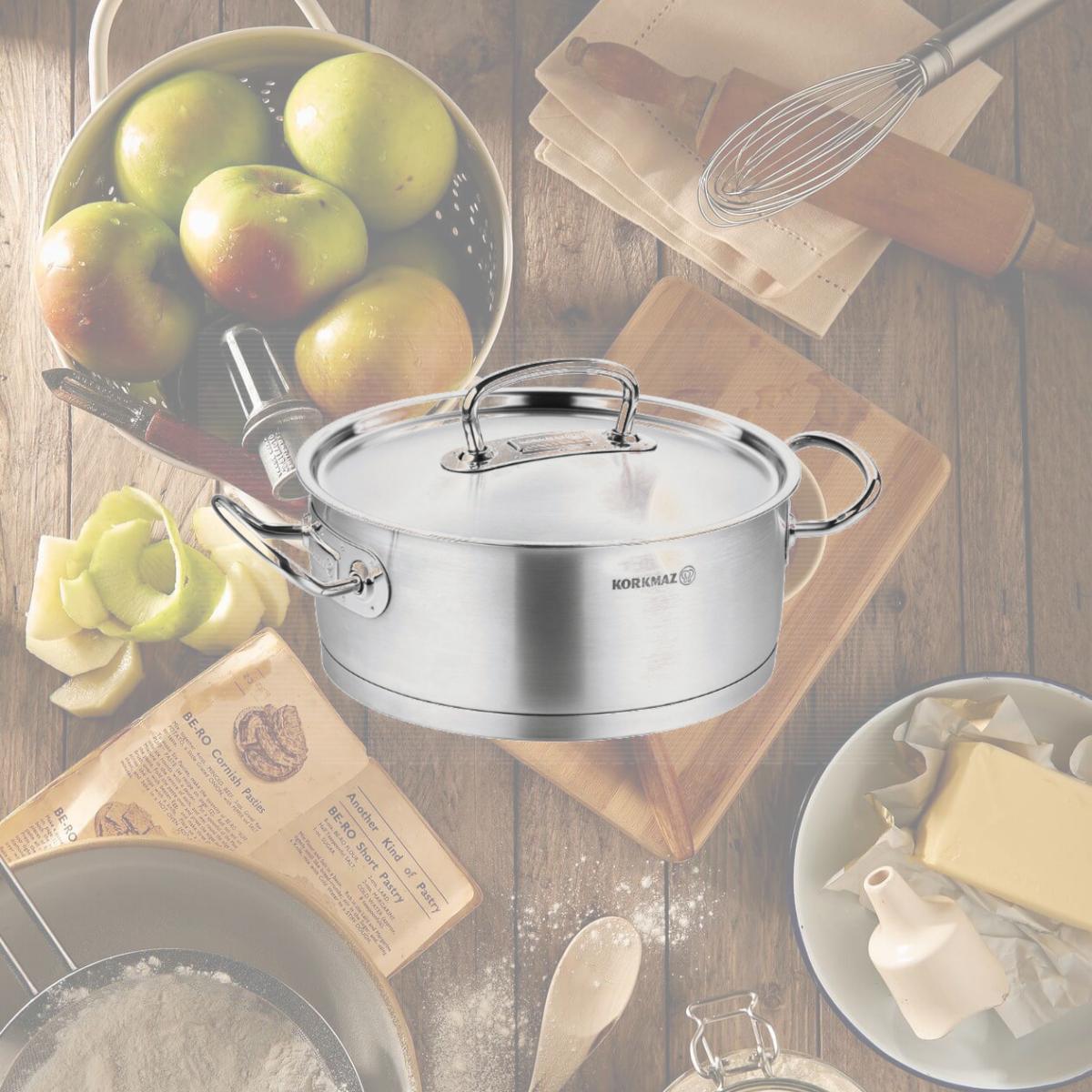 Picture of YBM Home a1170 9.4 in. Dia. x 3.9 in. Korkmaz Proline Stainless Steel Low Casserole Stockpot with Lid & Handles, Silver
