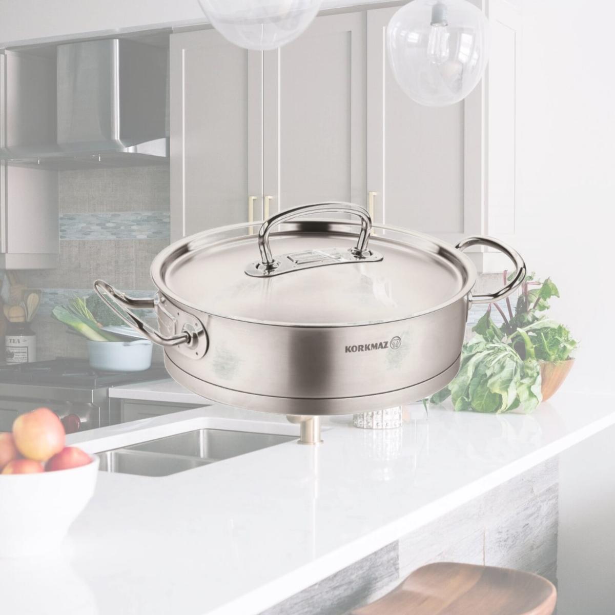Picture of YBM Home a1172 9.4 in. Dia. x 3.9 in. Korkmaz Proline Stainless Steel Low Casserole Stockpot with Lid & Handles, Silver
