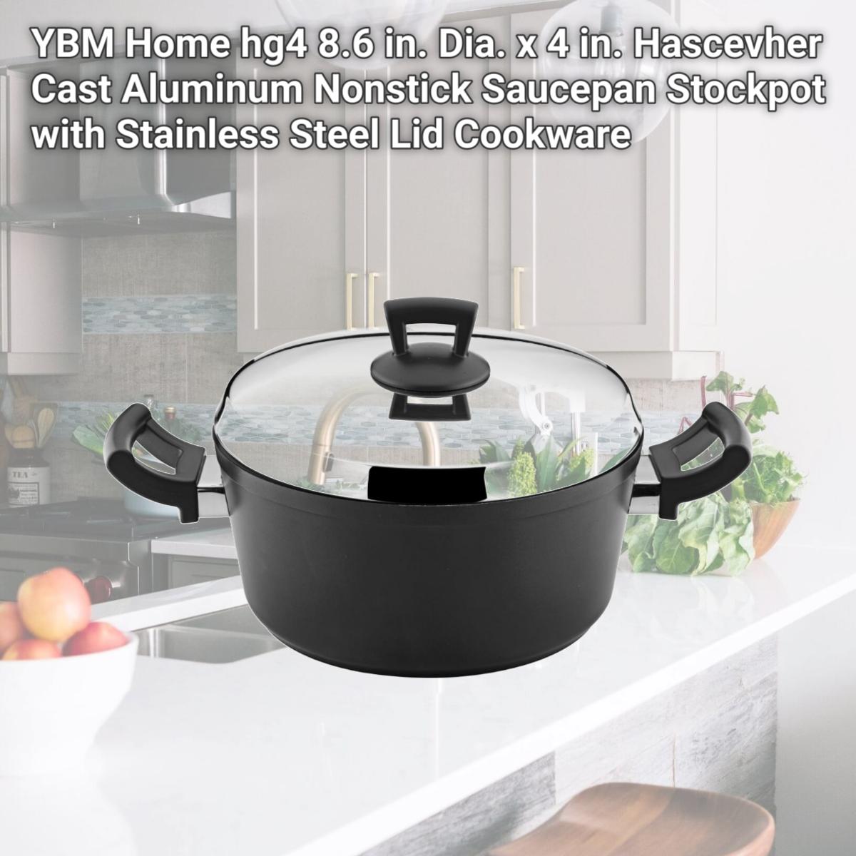 Picture of YBM Home hg4 8.6 in. Dia. x 4 in. Hascevher Cast Aluminum Nonstick Saucepan Stockpot with Stainless Steel Lid Cookware
