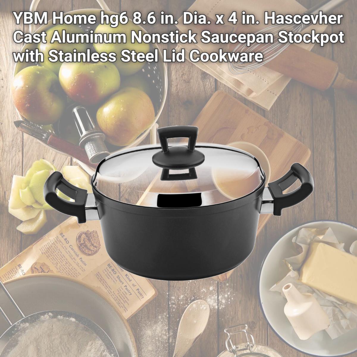 Picture of YBM Home hg6 8.6 in. Dia. x 4 in. Hascevher Cast Aluminum Nonstick Saucepan Stockpot with Stainless Steel Lid Cookware