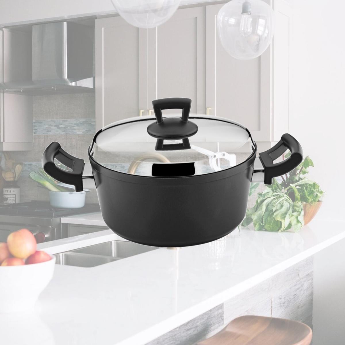 Picture of YBM Home hg6 8.6 in. Dia. x 4 in. Hascevher Cast Aluminum Nonstick Saucepan Stockpot with Stainless Steel Lid Cookware