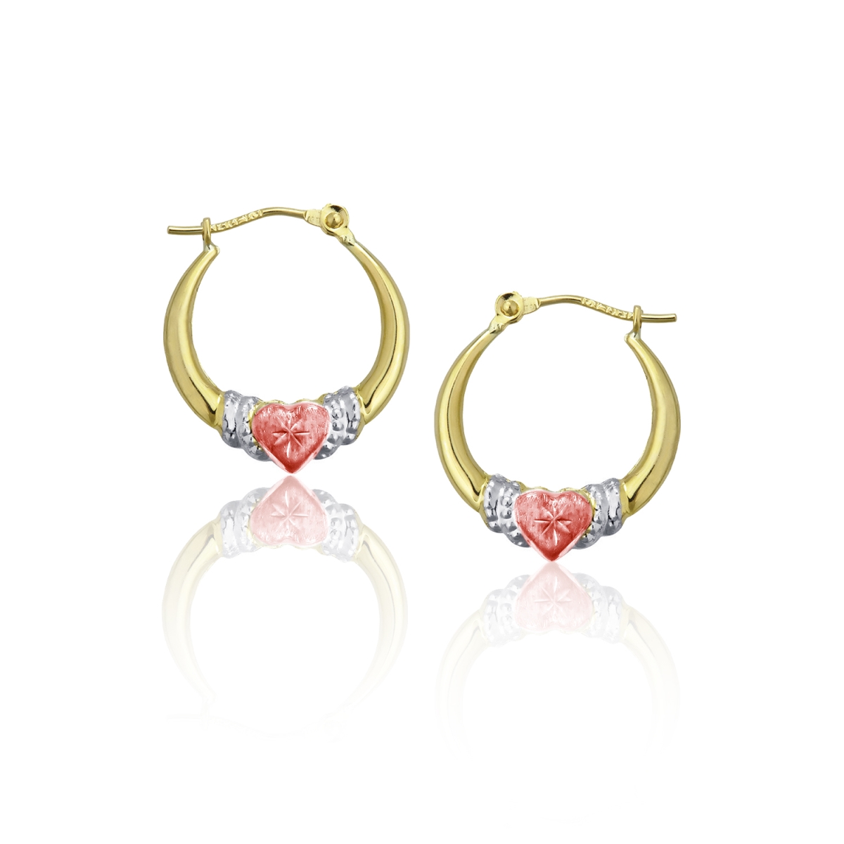 Image of 14k Yellow Gold 2.70mm Thick Diamond Cut Grad Heart Hoop Earrings With Hinged...