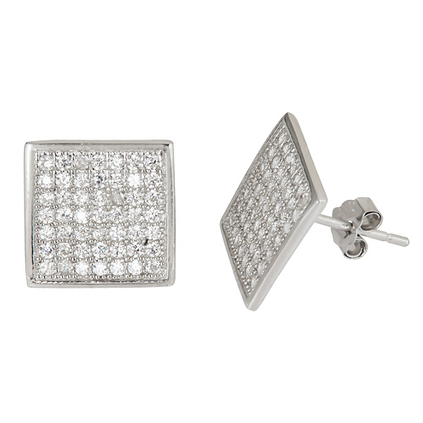 Sterling Silver Square Micropave Stud, 12 X 12