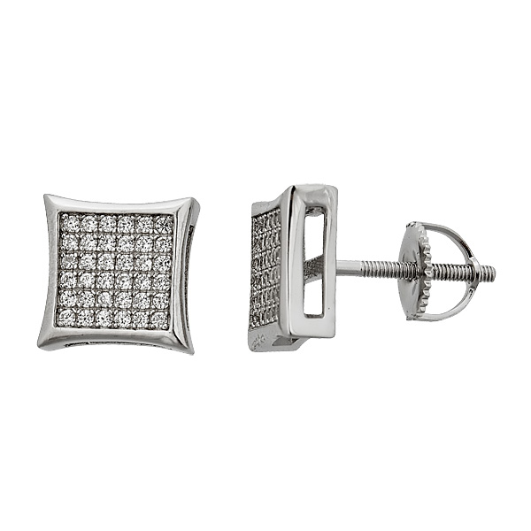 Sterling Silver Rhodium Micropave Mens Hip Hop Screw-back Stud Earring