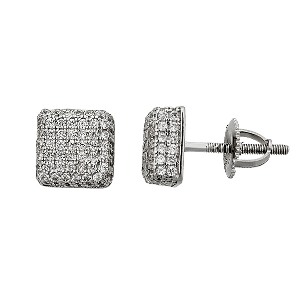 Sterling Silver Rhodium Micropave Square 3d Screw-back Stud