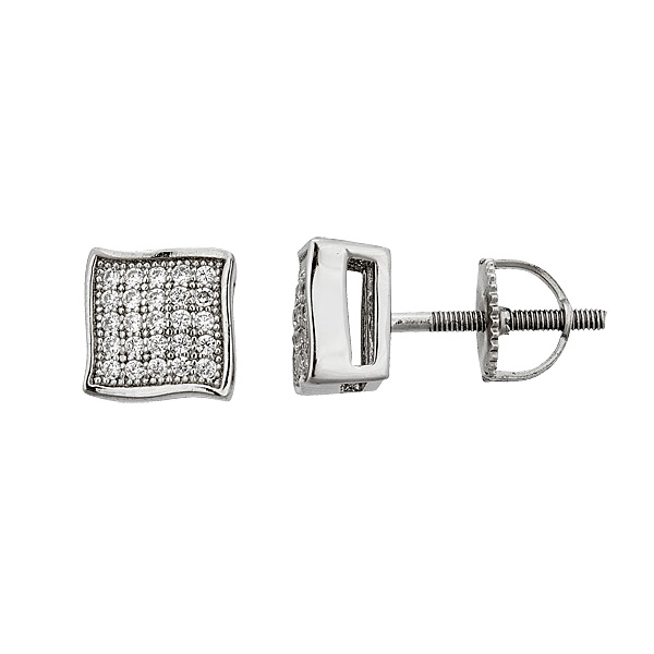 Sterling Silver Rhodium Micropave Curved 3d Square Screw-back Stud