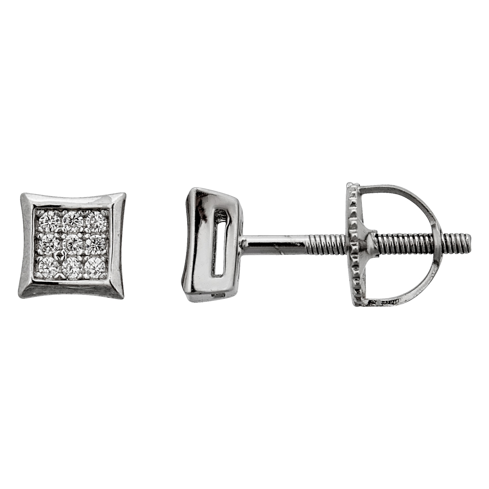 Sterling Silver Rhodium Micropave 3 X 3 Curved Square Screw-back Stud