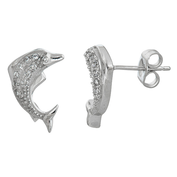 Sterling Silver Micropave Dolphin Stud