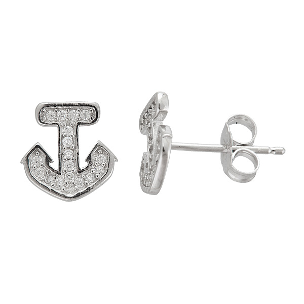 Sterling Silver Micropave Anchor Stud