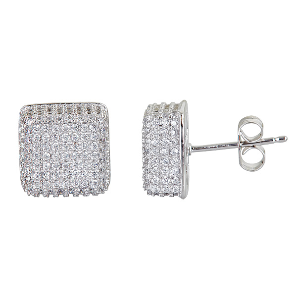 Sterling Silver Micropave 3d Square Stud