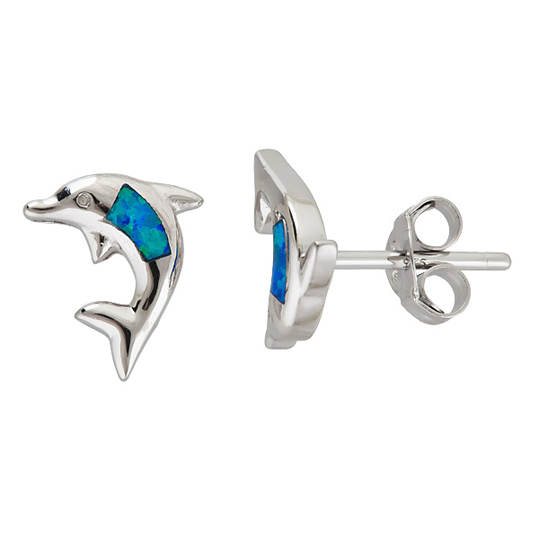 Sterling Silver Created Opal Dolphin Stud