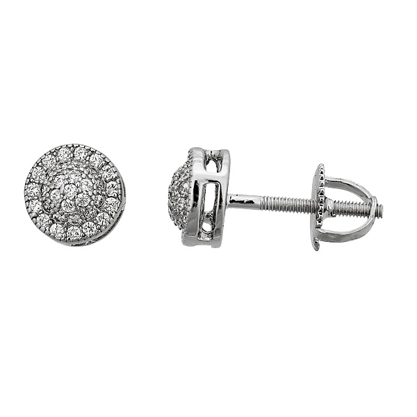 Sterling Silver Rhodium Micropave Round Ufo Screw Back Stud