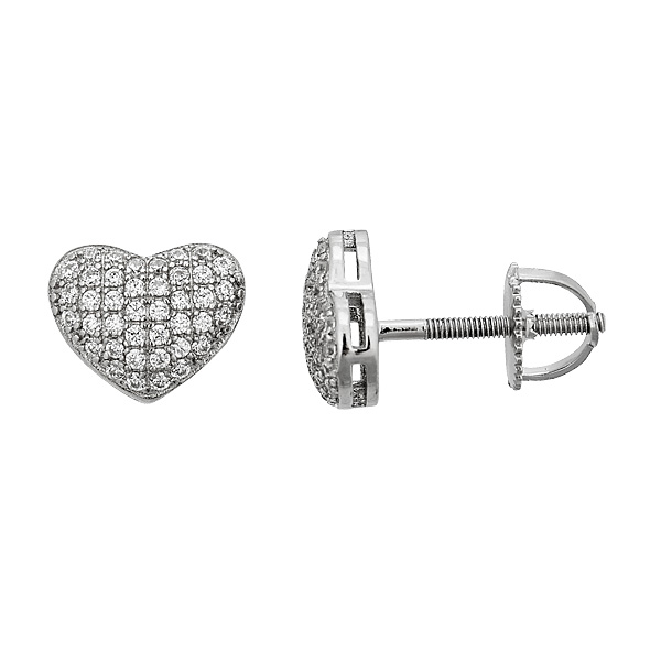 Sterling Silver Rhodium Micropave Heart Screw Back Stud