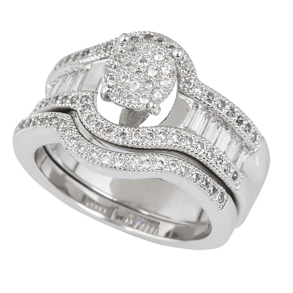 Sterling Silver Micropave Halo Round Cut & Baguette Wedding Set With Cubic Zirconia - 6