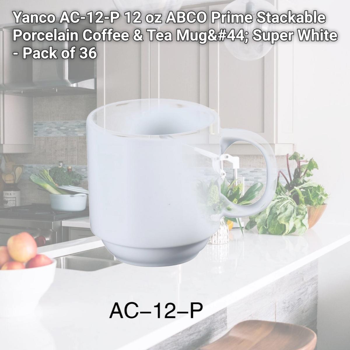 Picture of Yanco AC-12-P 12 oz ABCO Prime Stackable Porcelain Coffee & Tea Mug, Super White - Pack of 36