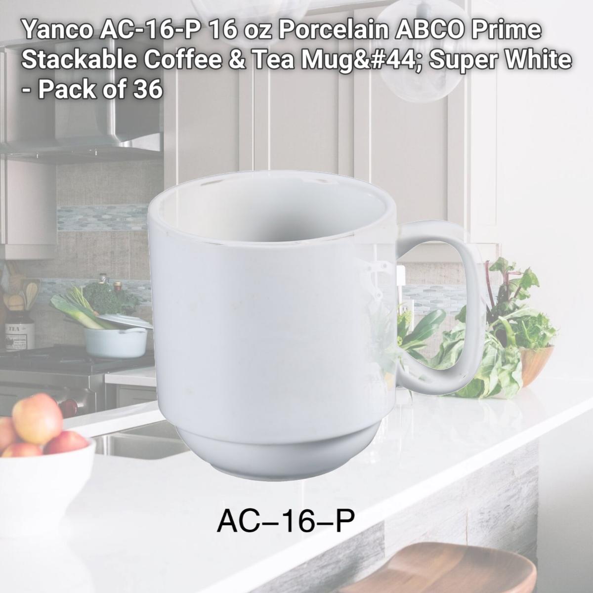 Picture of Yanco AC-16-P 16 oz Porcelain ABCO Prime Stackable Coffee & Tea Mug, Super White - Pack of 36