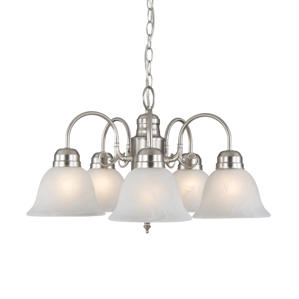 1435-5sn 5 Light Chandelier, Satin Nickel With Frosted Marble Glass