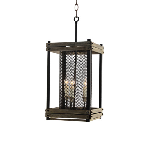 120007322 3 Light Hand Painted Farmhouse Cage Lantern, Rustic Walnut & Aged Wood Accents