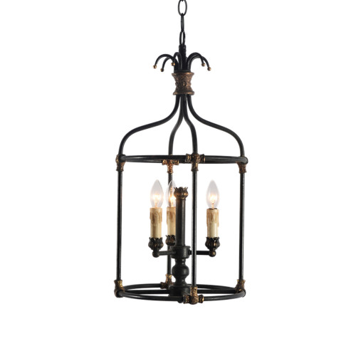 120008322 3 Light Hand Painted Lantern, Rustic Black & Aged Brass Accents
