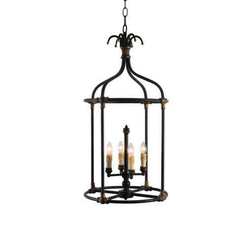120009422 4 Light Hand Painted Lantern, Rustic Black & Aged Brass Accents