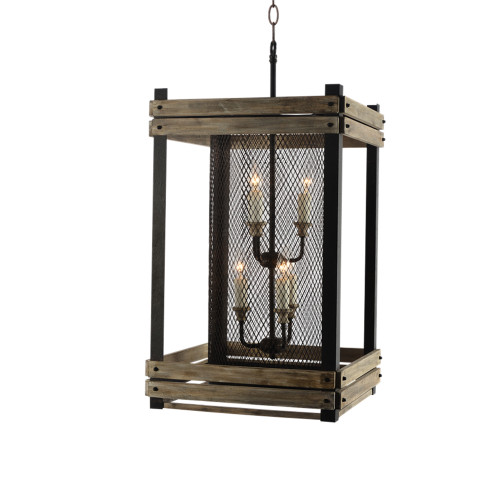 6 Light Hand Painted Farmhouse Cage Lantern, Rustic Walnut & Aged Wood Accents