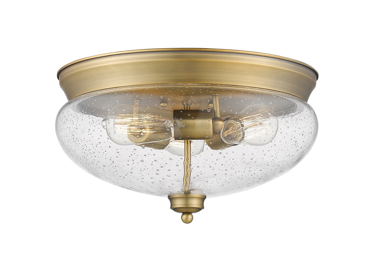 Z Lite 722f3-hbr Amon 3 Light Flush Mount With Clear Seedy Glass, Heritage Brass - 8.5 X 15 X 15 In.