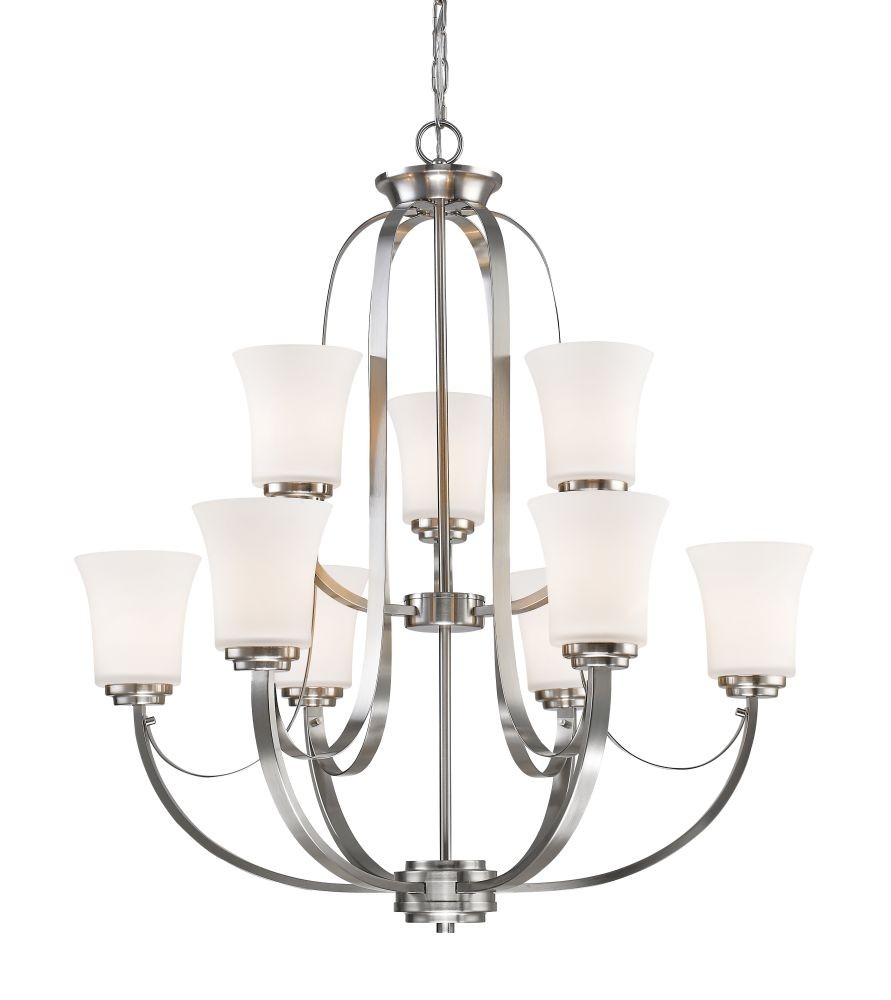 Halliwell 9 Light Chandelier In Brushed Nickel With White Shade
