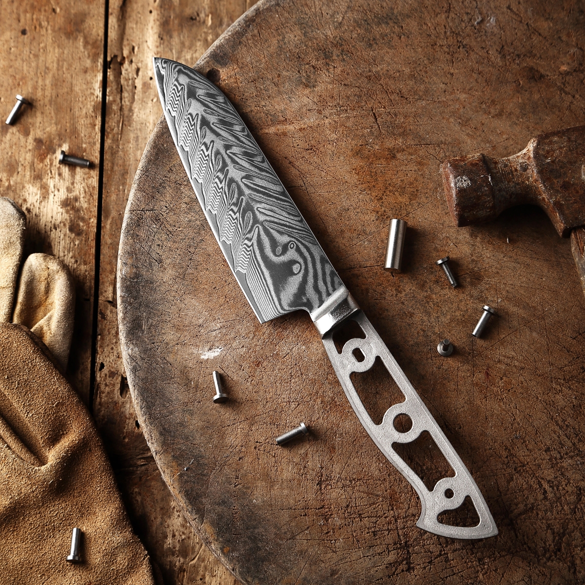 Picture of Katsura Cutlery CKVD7B-no logo 5.25 in. Storm-V Series 40 mm Ultra Wide Blade Damascus Santoku Blank Blade Chef Knife