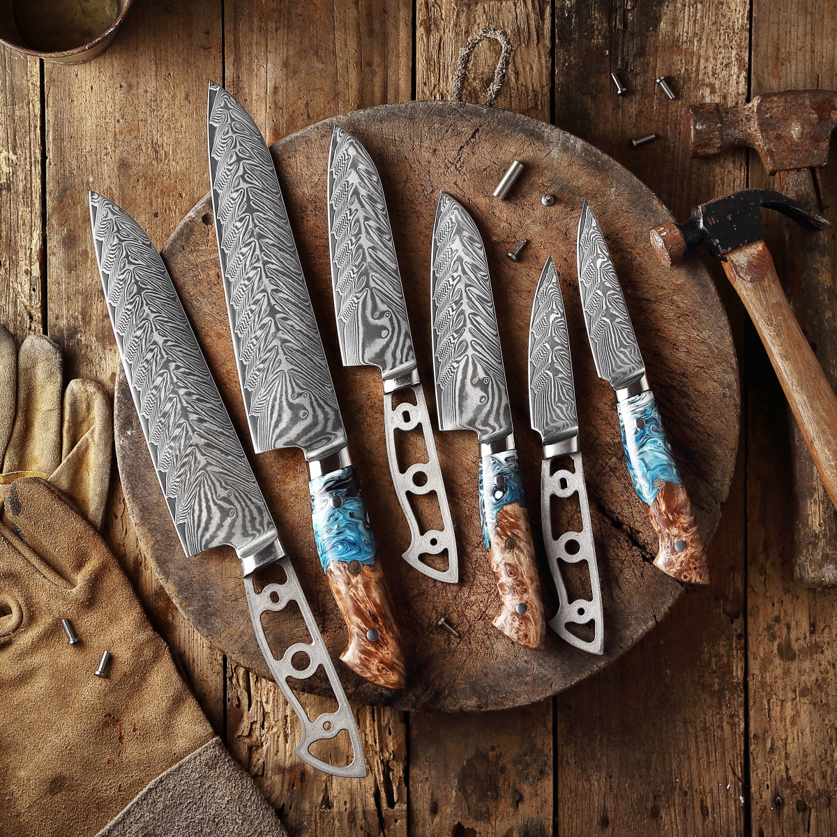 Picture of Katsura Cutlery CKVD7B-no logo 5.25 in. Storm-V Series 40 mm Ultra Wide Blade Damascus Santoku Blank Blade Chef Knife