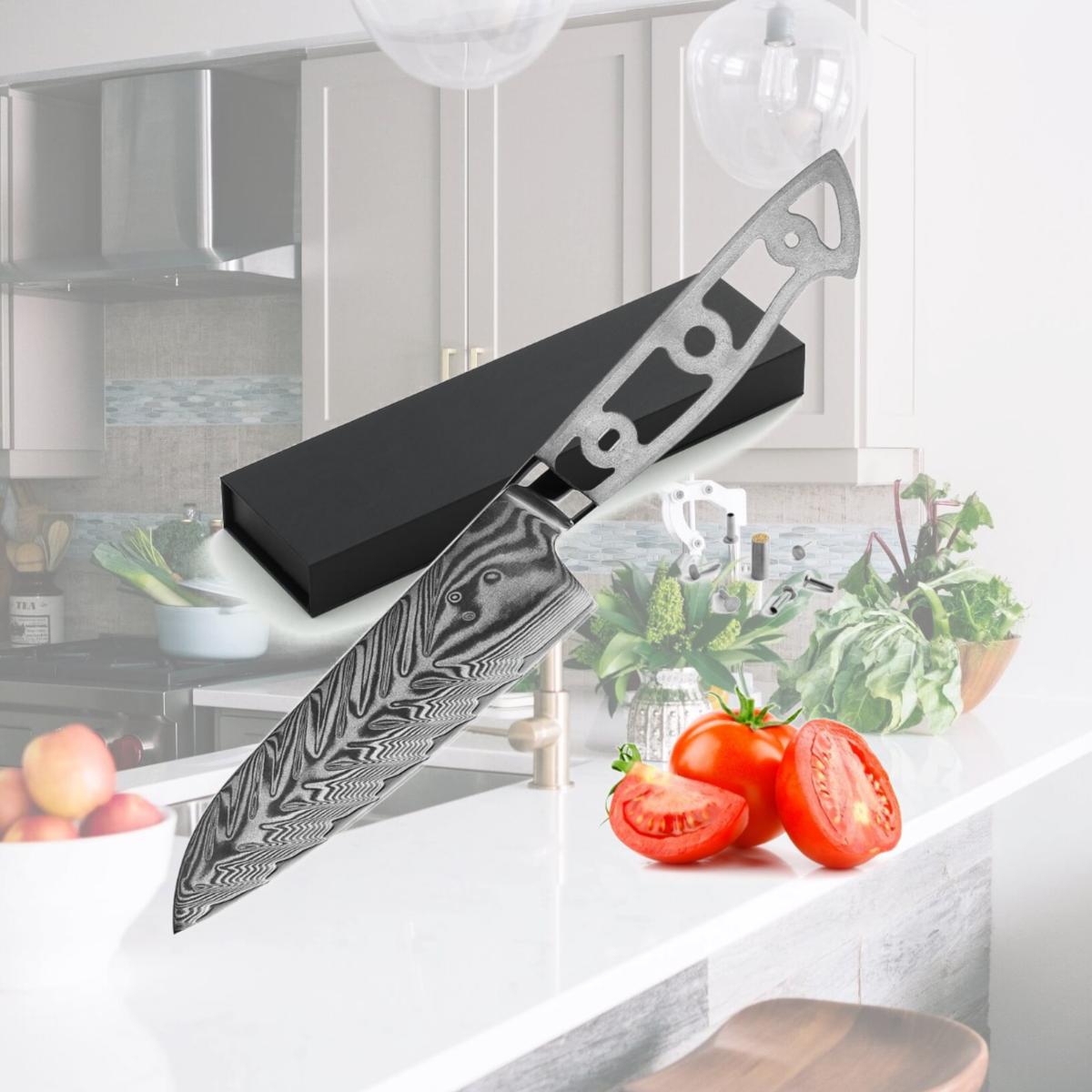 Picture of Katsura Cutlery CKVD7B-no logo 5.25 in. Storm-V Series 40 mm Ultra Wide Blade Damascus Santoku Blank Blade Chef Knife
