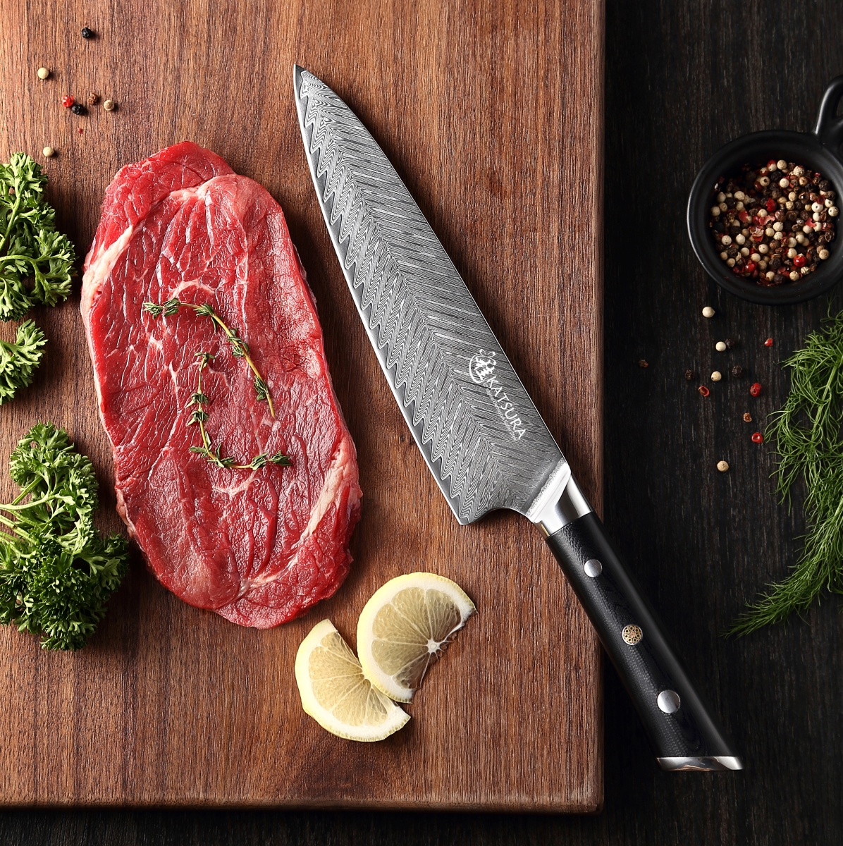 Picture of Katsura Cutlery CKTD20G 8 in. Thunder-X Series 50 mm Ultra-Wide Blade Damascus Gyuto Chef Knife