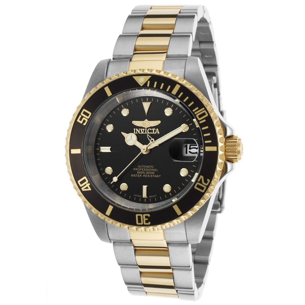 Mens Pro Diver Automatic 3 Hand Black Dial Watch - Gold & Steel Tone