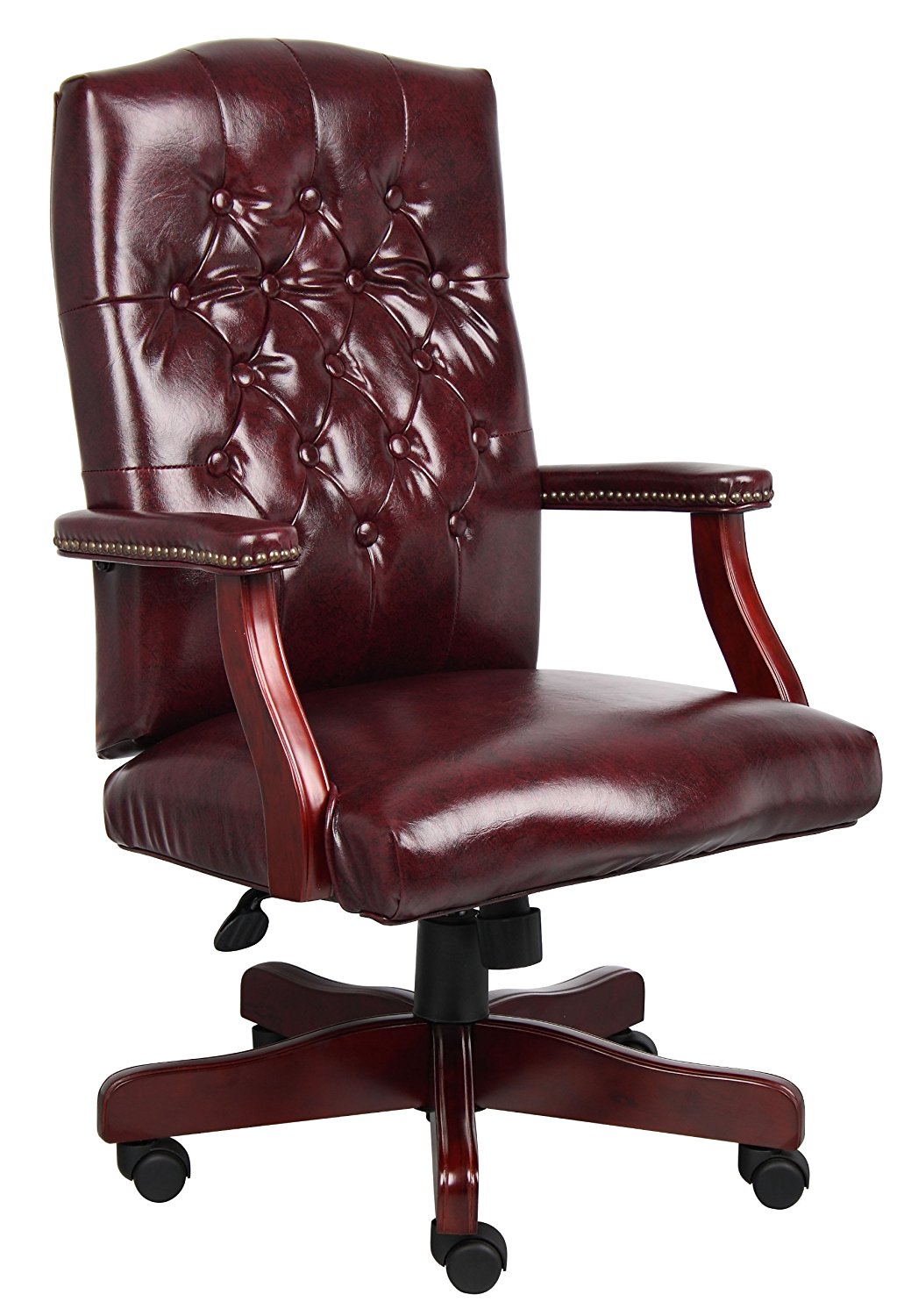 Picture of Boss High Back Button Tufted Executive Mahogany Wood Finish Chair - B905 - Oxblood Vinyl