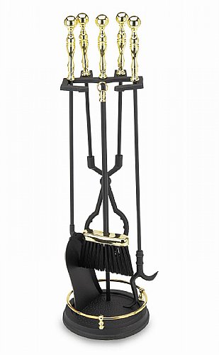 Minuteman PBK-01 Fireplace Tool Set 5 Piece Ball Handle Polished Brass/Black