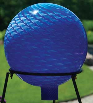 Garden Globe: Bird Brain Geometric Ribbons Gazing Ball Cobalt and White