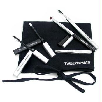 Tweezerman Brow Grooming Solution Kit: Slant Tweezer + Soothing Crm + 2x Brush + BrowMousse + Case - 5pcs+1case