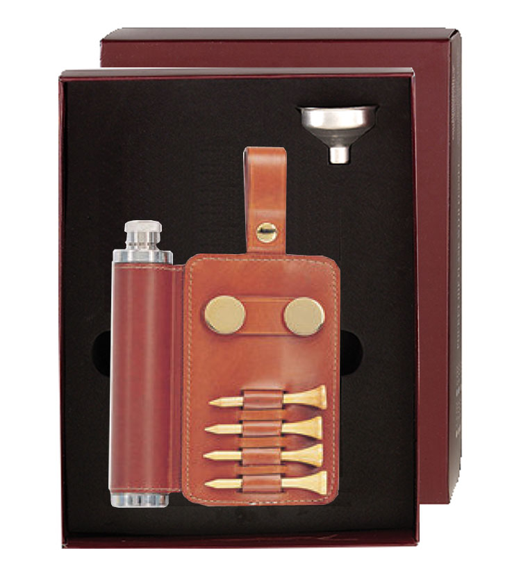 Simran 846-ot Ajmer 2 Oz. Stainless Steel Flask In Brown Leather Golf Accessory Pouch
