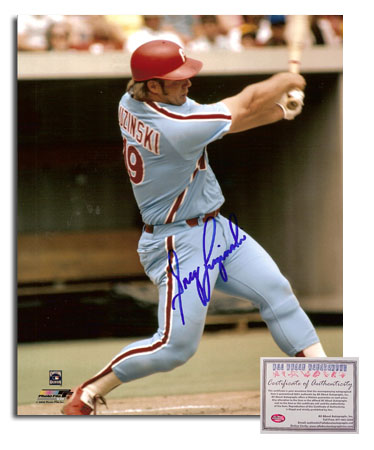 Greg Luzinski Philadelphia Phillies MLB Hand Signed 8x10 Photograph Away Jersey Swinging