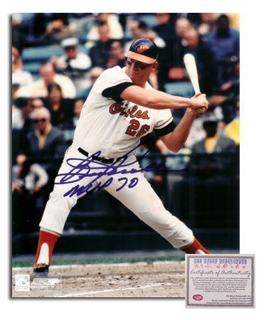 Boog Powell Baltimore Orioles MLB Hand Signed 8x10 Photograph Home Jersey Swinging with MVP 70 Inscription