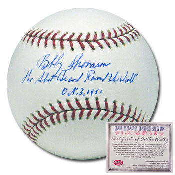 Bobby Thomson San Francisco Giants Hand Signed Rawlings MLB Baseball with The Shot Heard Around the World 10- 3- 51 Inscription